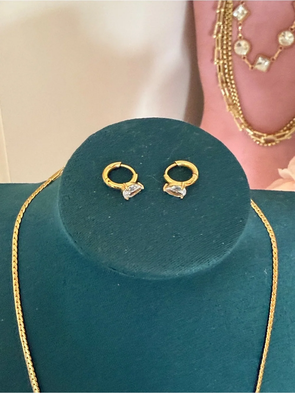 18k Gold Plated jewelry set ~ Chain Necklace with CZ Pendant + CZ Huggies